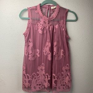 Paper & Tee Lined Lace Pink No Sleeve Top Sz S